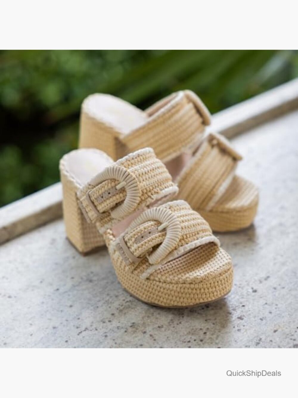 Women's Heeled Sandals Platform Block Heel Raffia Vegan Leather 3.7in - Picture 3 of 7